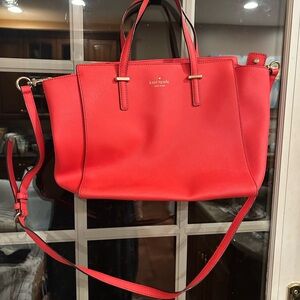 Kate Spade Vibrant Red coral Tote Bag cross body large used gold hardware